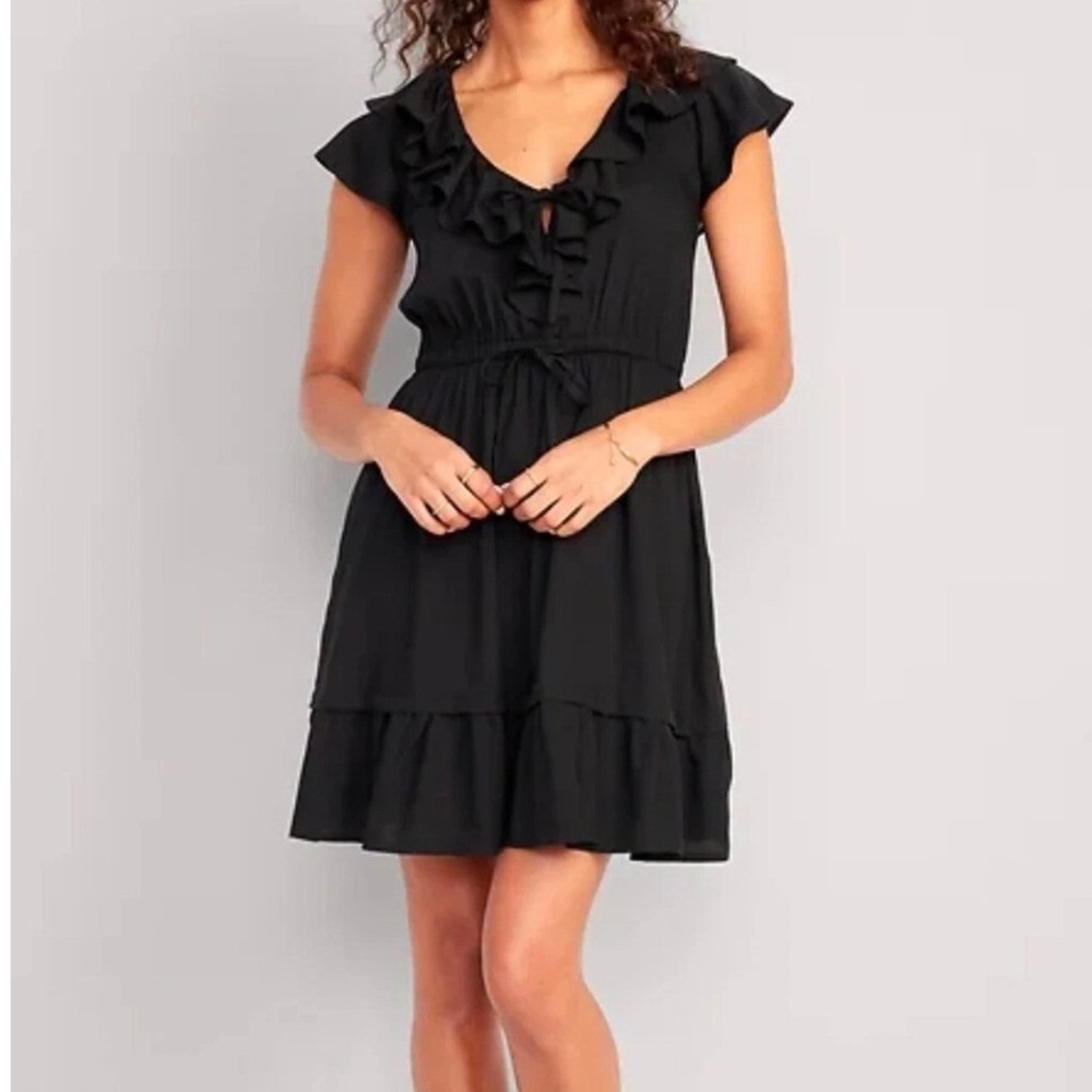 Old Navy Rebel Ruffle Tiered Dress Women XXL Black Rayon Flutter Sleeve Boho New